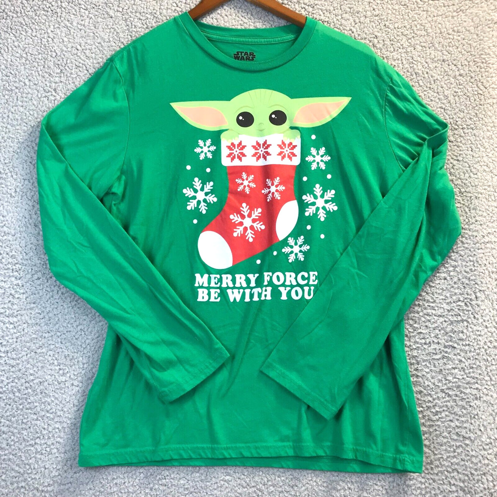 Star Wars Mens L Green Long Sleeve Baby Yoda Stocking "Merry Force Be With You"